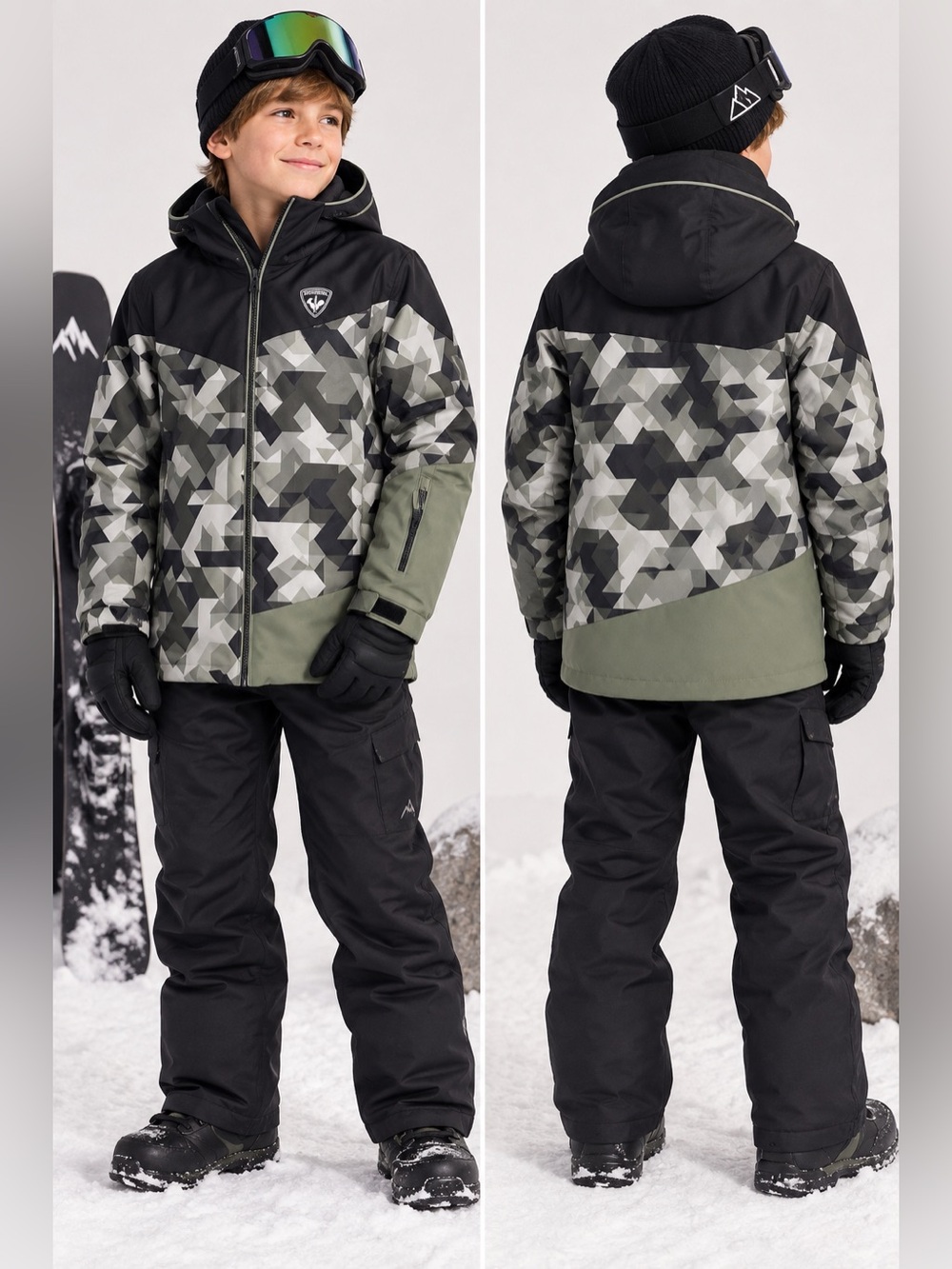 Rossignol Kids Size 12 Ski Jacket Geometric Camo Hooded Snow Winter Coat